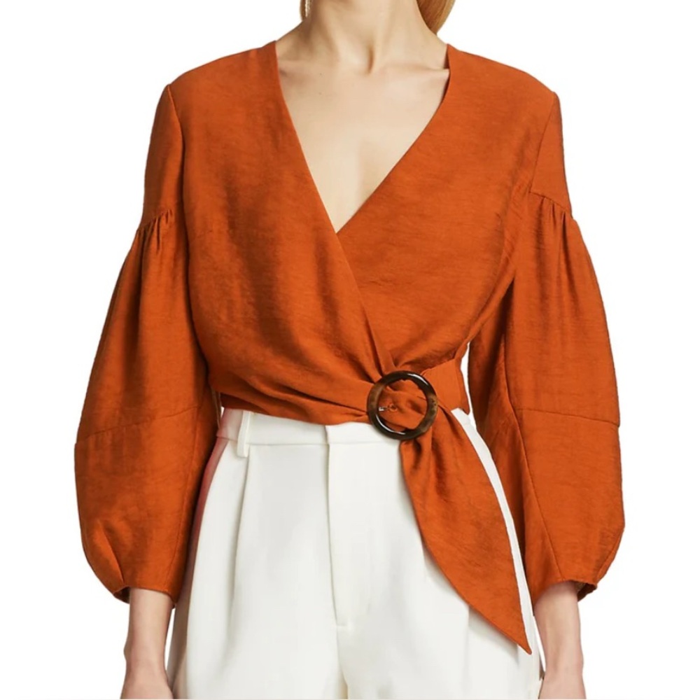 Joie Sophiana Balloon-Sleeve Cropped Wrap Top Cayenne